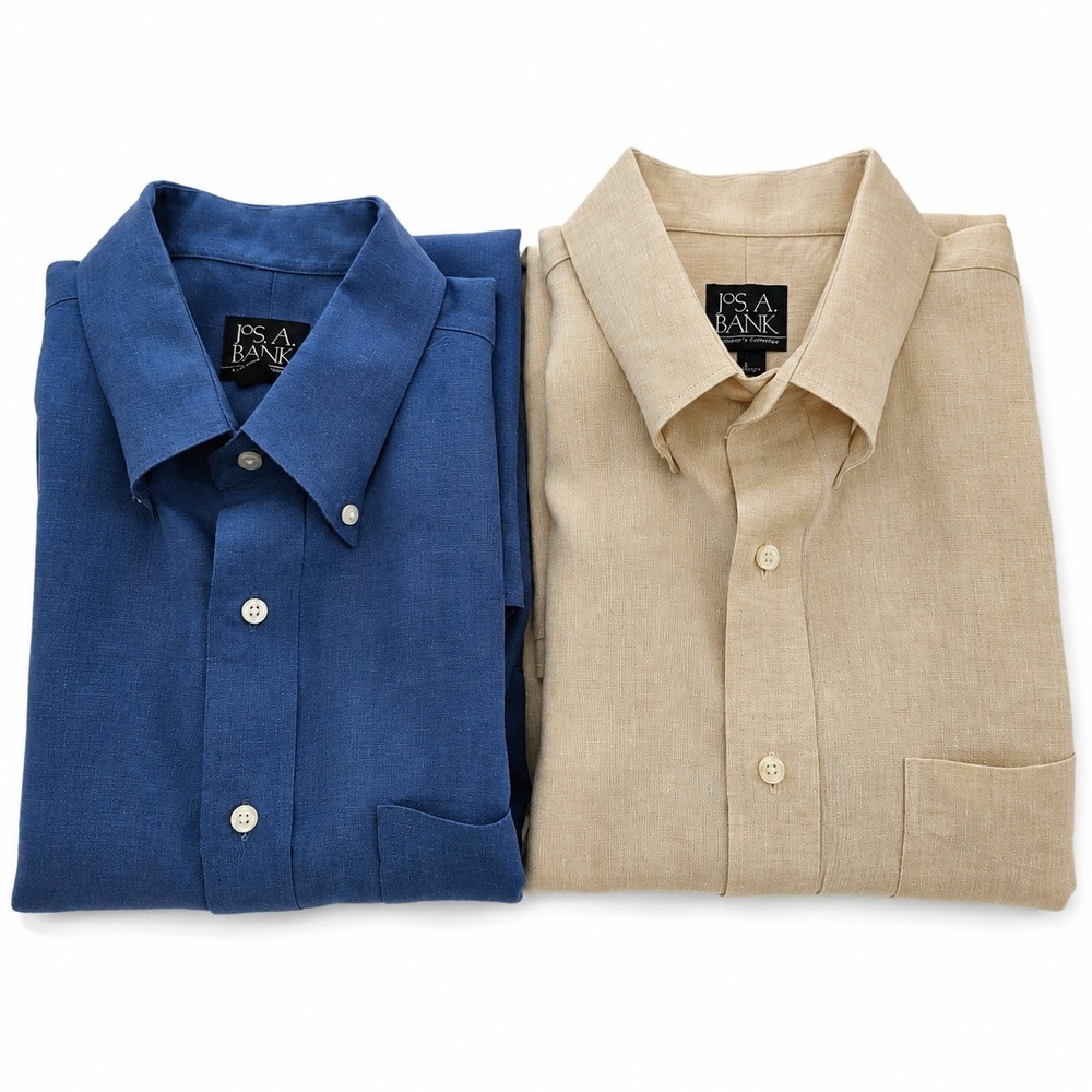 Lot of 2 Jos A Bank Shirt Mens L Blue Beige Linen Preppy Office Vacation Coastal